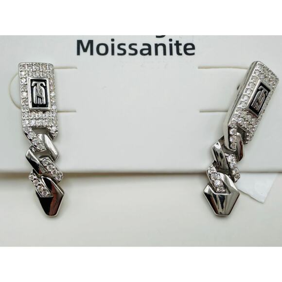 925 Sterling Silver Moissanite Drop Earrings, Rhodium Plated, Pave CZ Desig - Picture 3 of 4